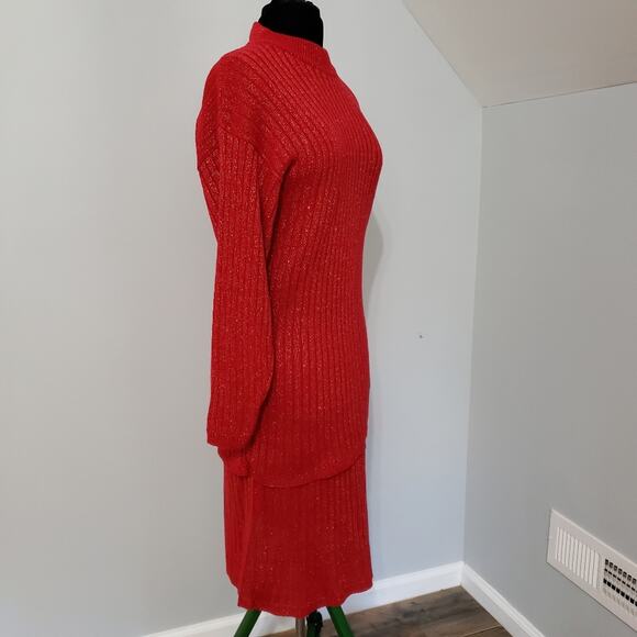 Vintage Mathias Red and Silver Metallic Knit Sweater Skirt Suit Medium - Picture 4 of 11